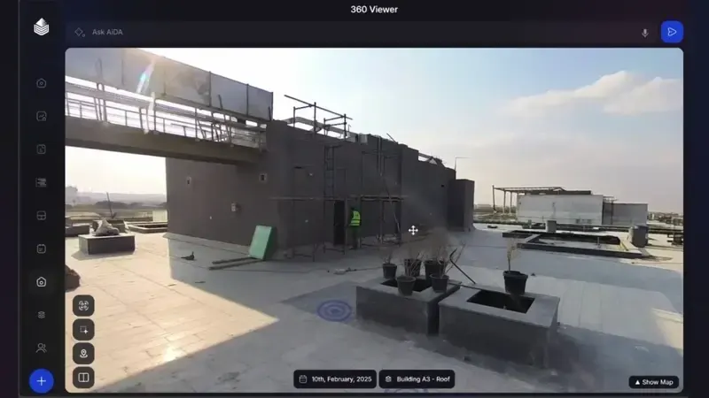The Ask-AiDA bar inside the Oblix 360° viewer on a captured site