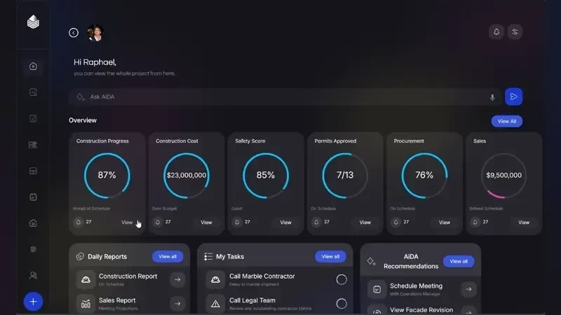 Oblix dashboard showing construction progress, cost, safety and procurement indicators