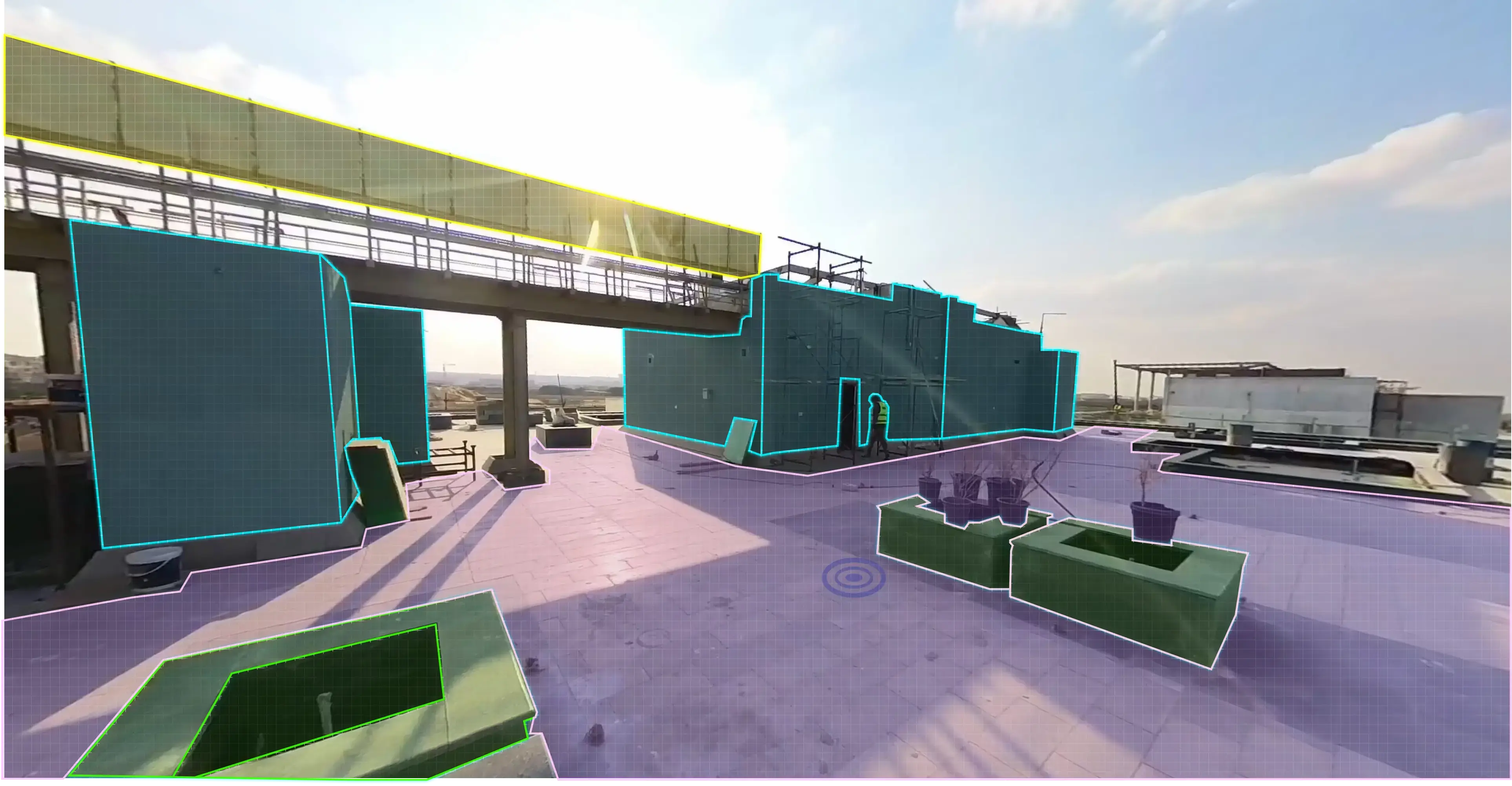 Oblix AI reading a captured construction site: work surfaces on a rooftop segmented and classified by status