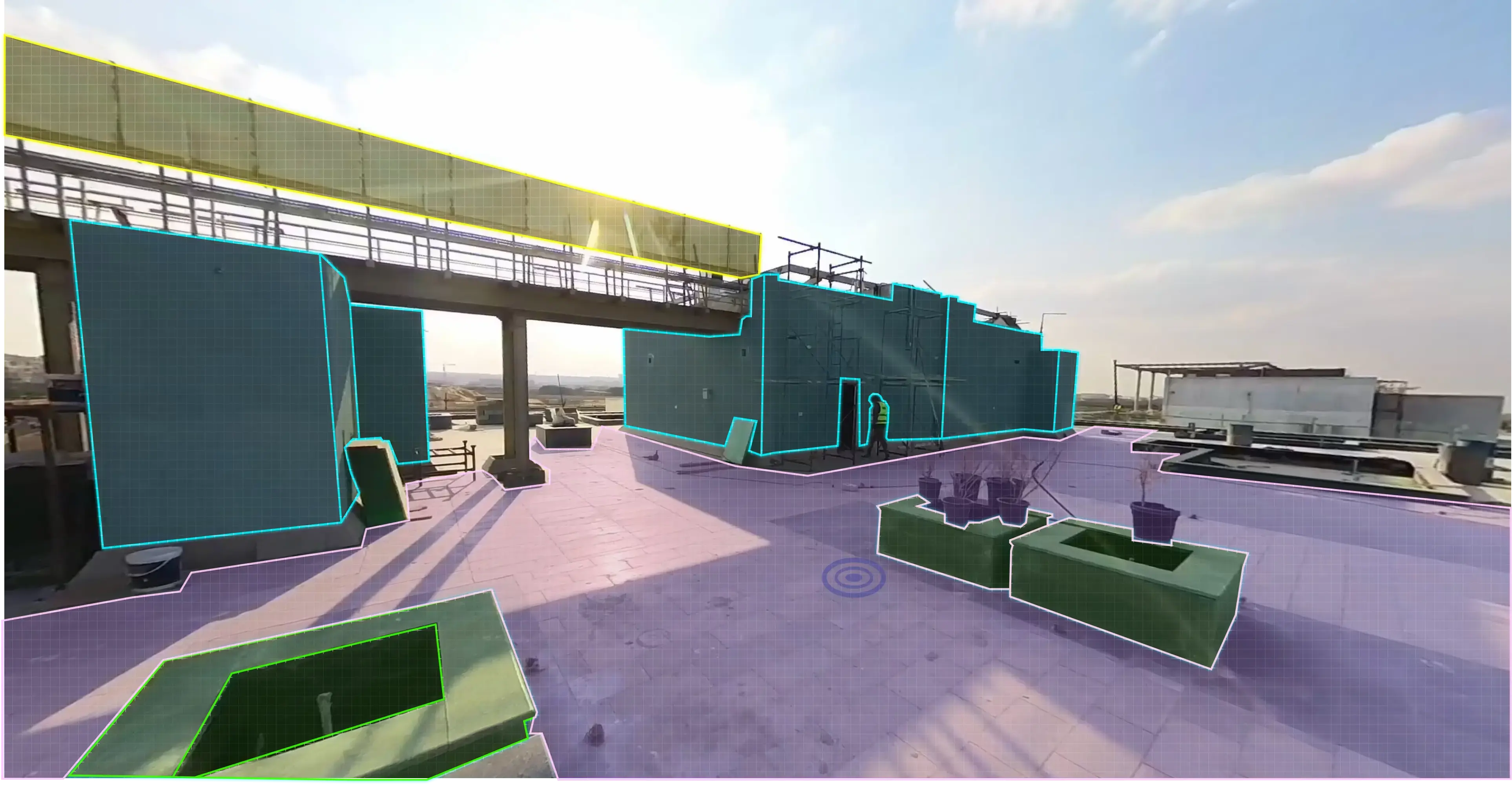 AI surface segmentation overlaid on a captured resort rooftop, marking insulation and screed zones by status