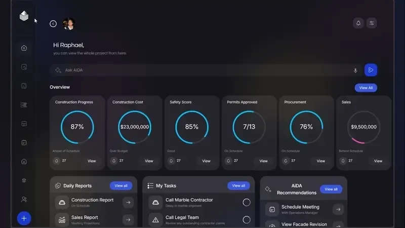 Oblix overview dashboard with progress, cost, safety and procurement indicators and daily reports